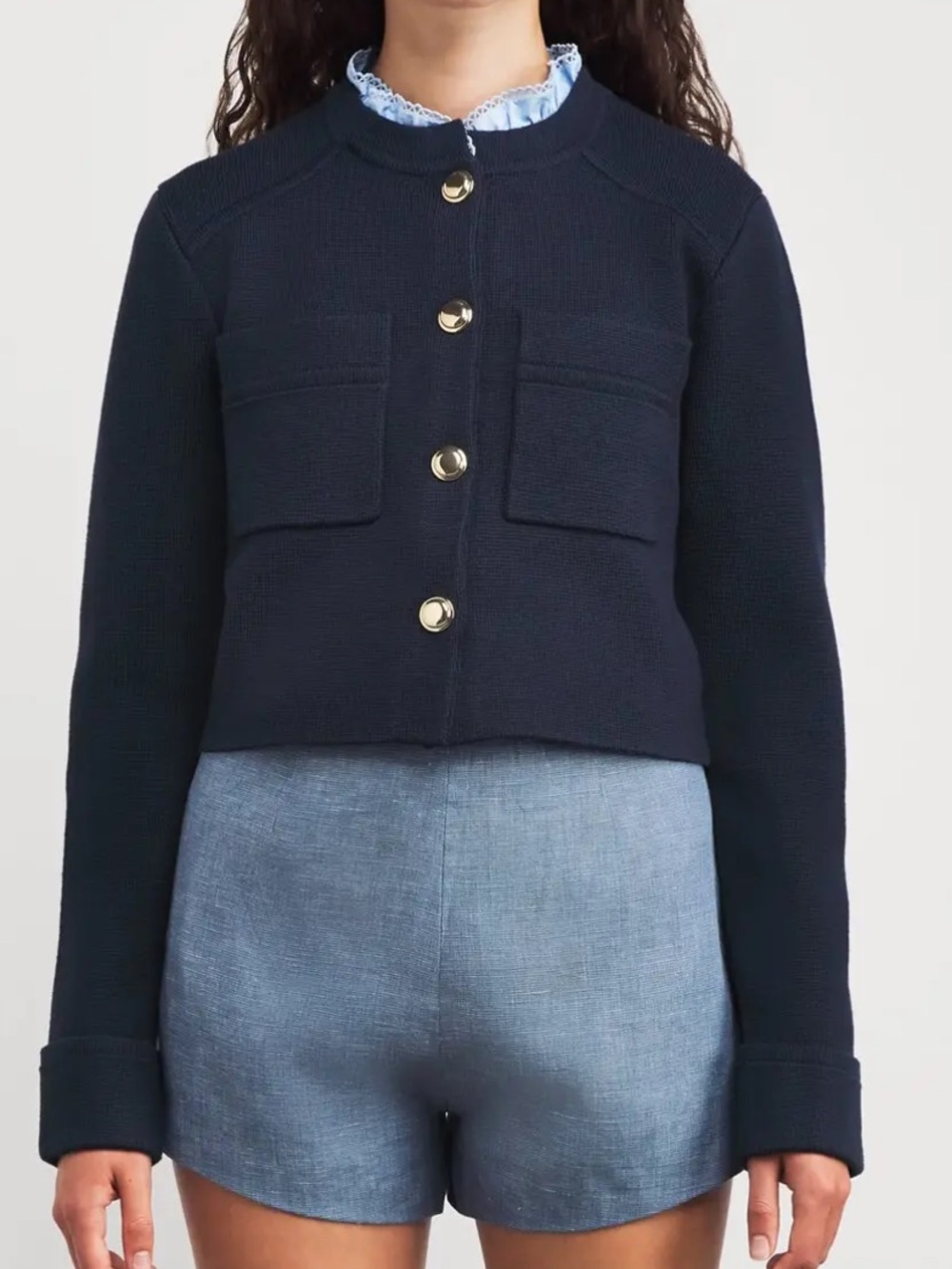 SANDRO Meunie Cropped Cardigan Navy Blue Detachable Ruffle Blue Collar Medium